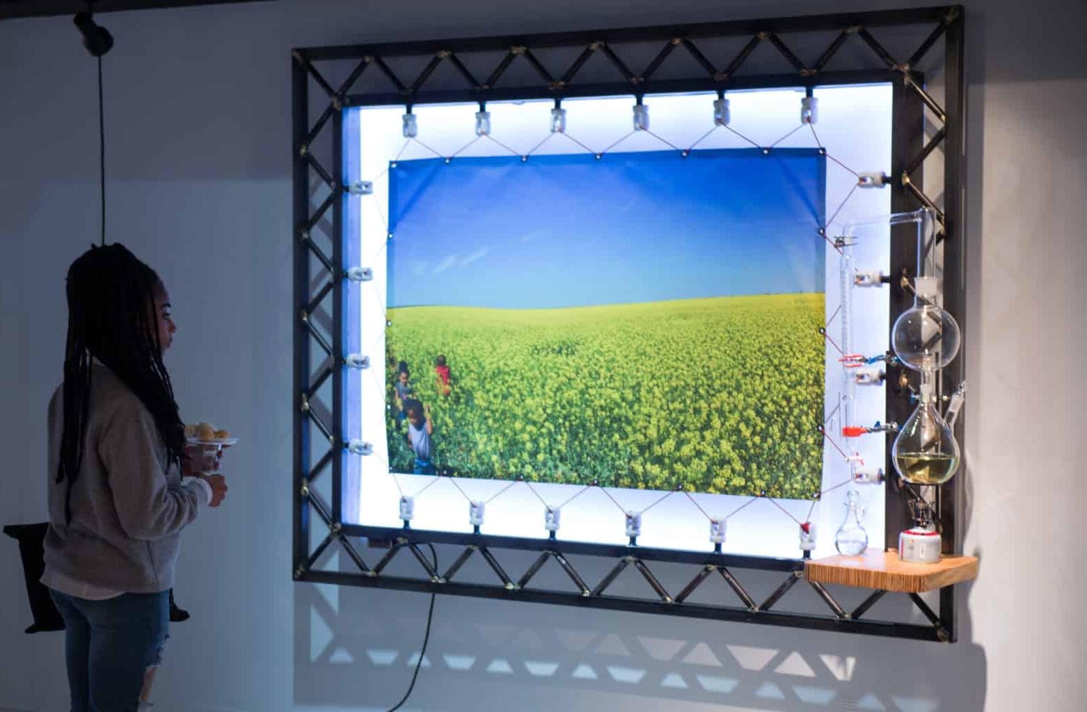 Art Exhibit showing backlit photo with green field and sky.