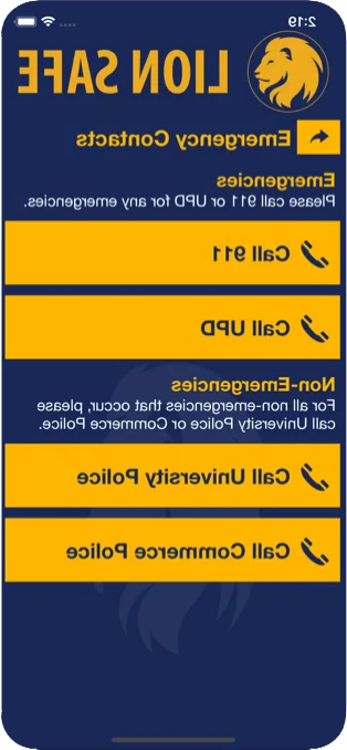 Screenshot of of Emergency Contacts page in the Lion Safe App. 