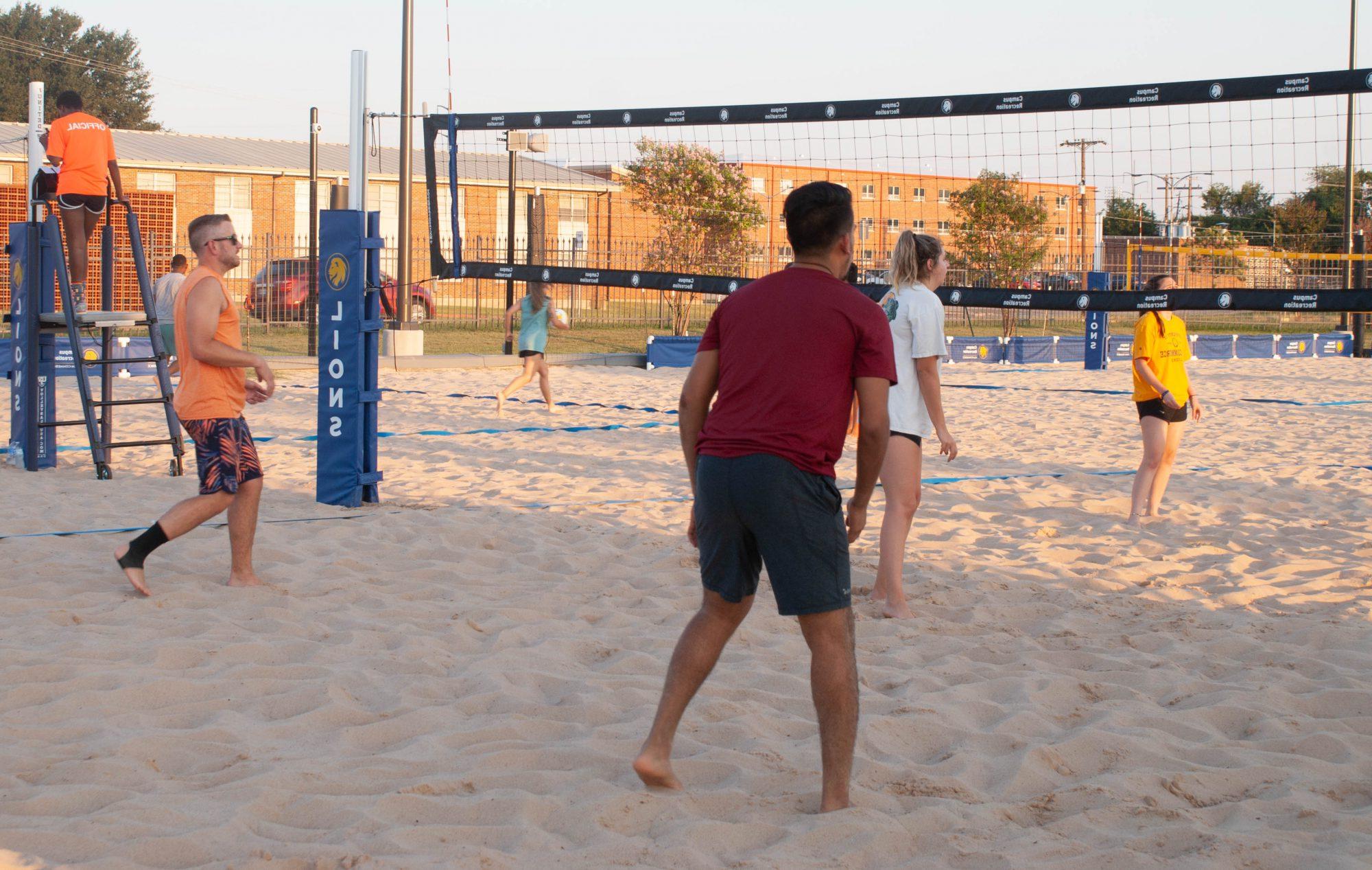 People playing Sand Volleyball on blue net court